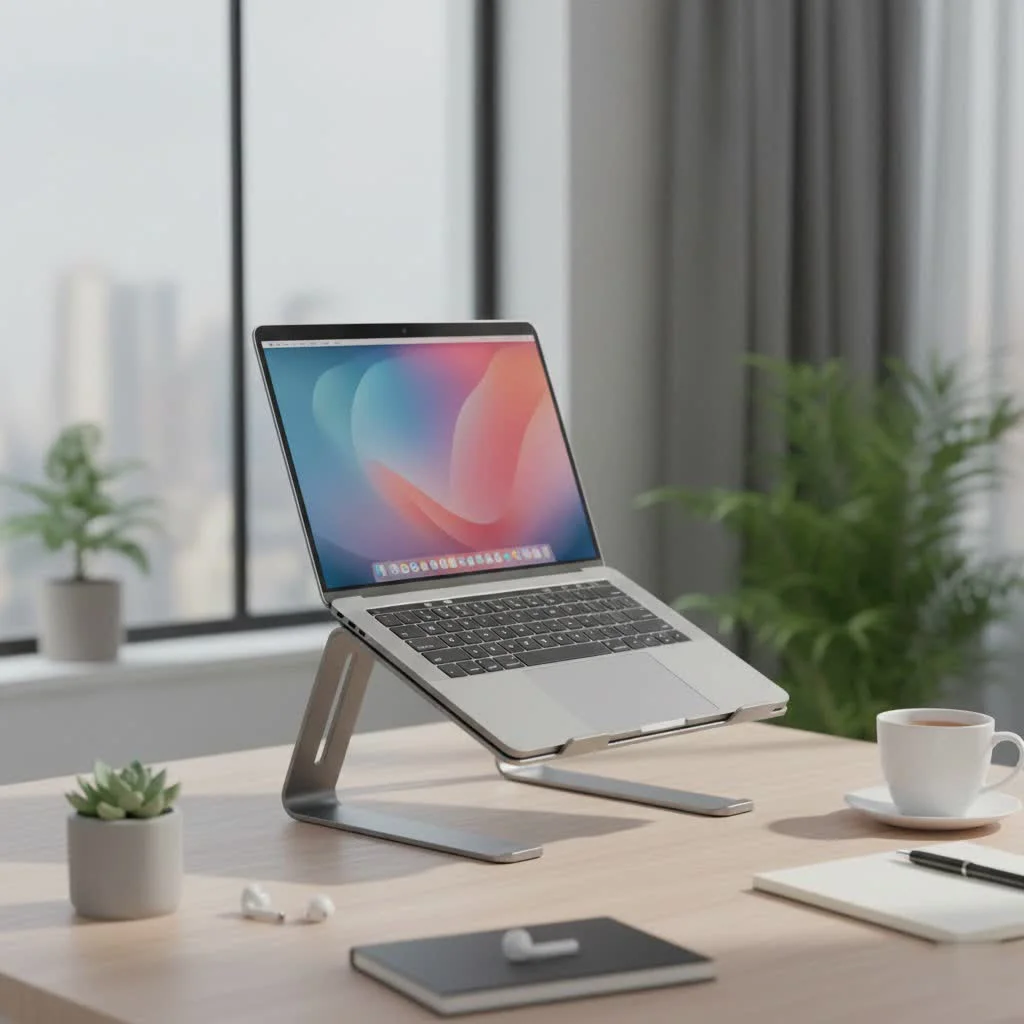 Ergonomic laptop setup with a folding stand and external keyboard
