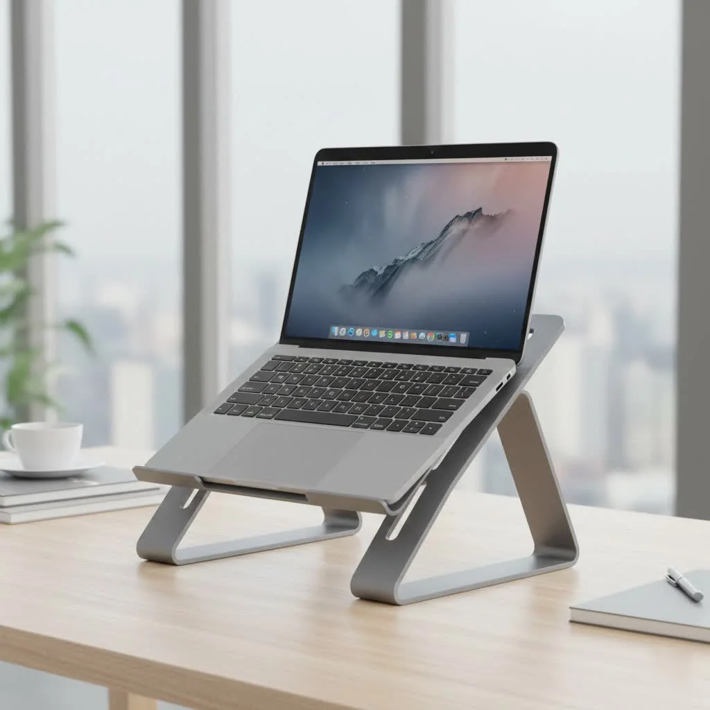 Laptop tripod stand in use with a laptop