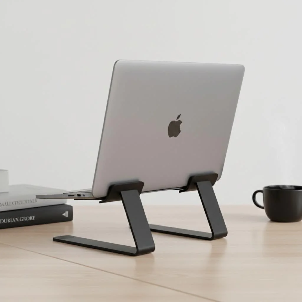 Laptop on a height adjustable stand with an external keyboard and mouse