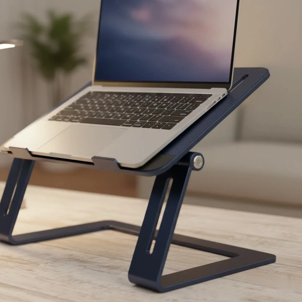 Elegant wooden laptop stand on a minimalist desk setup