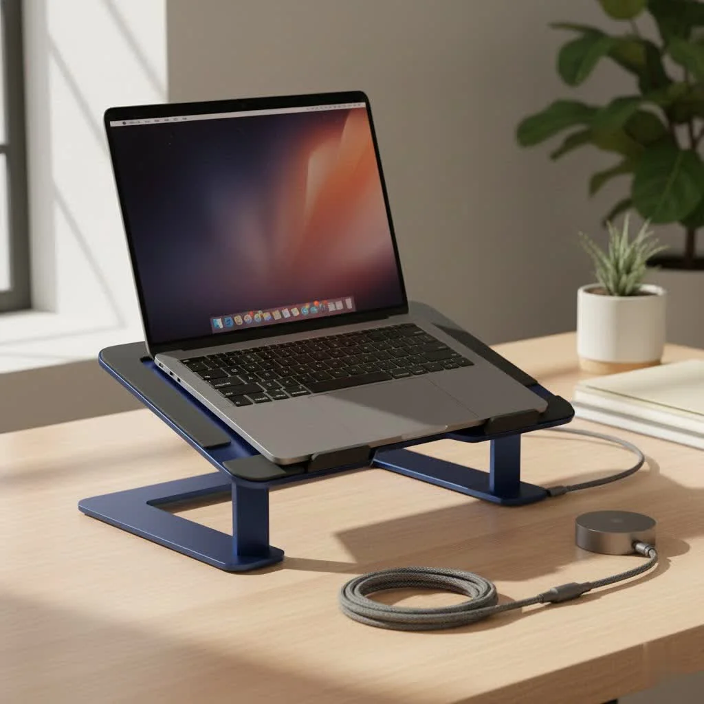 Ergonomic laptop stand elevating a laptop on a desk