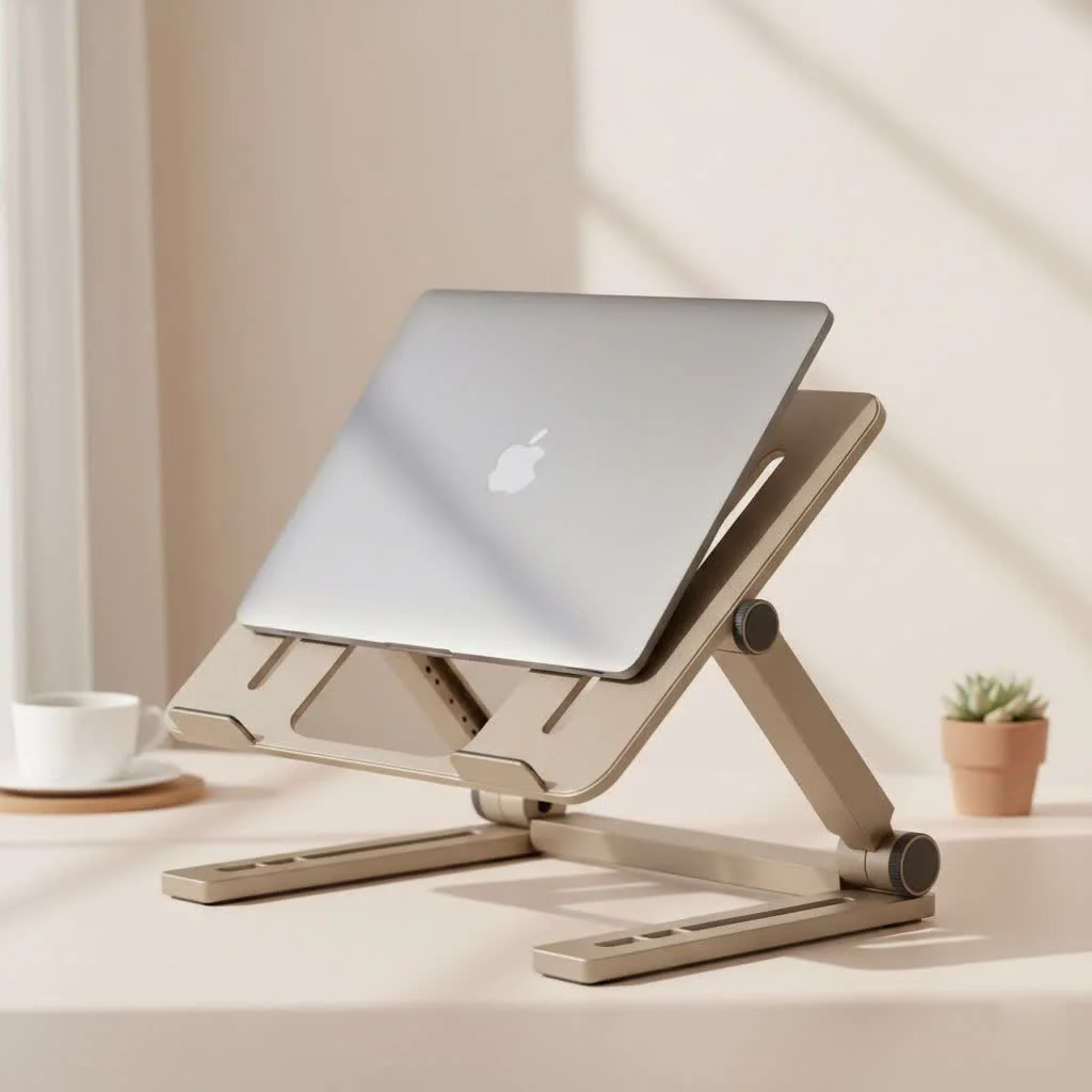 Person using a laptop on a tall stand with an external keyboard and mouse