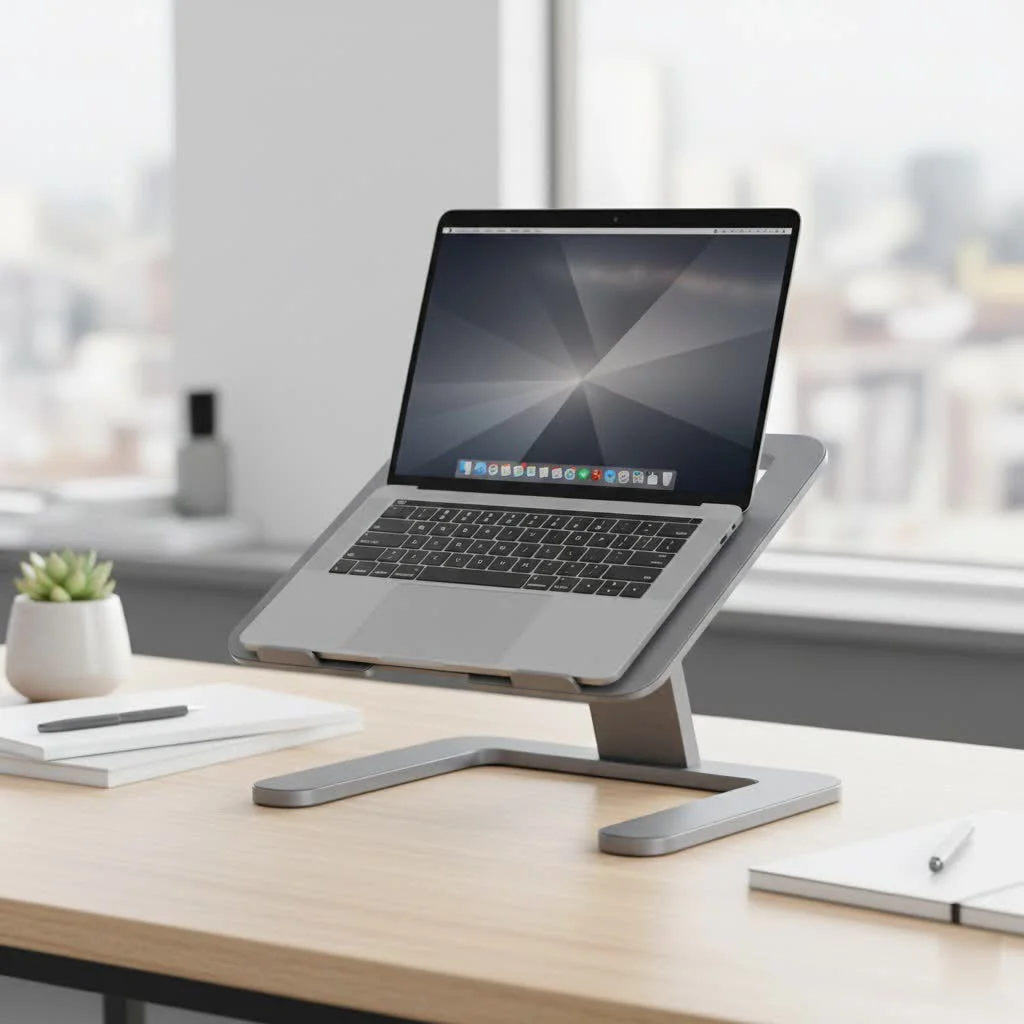 Sleek silver laptop aluminum stand elevating a laptop on a modern desk