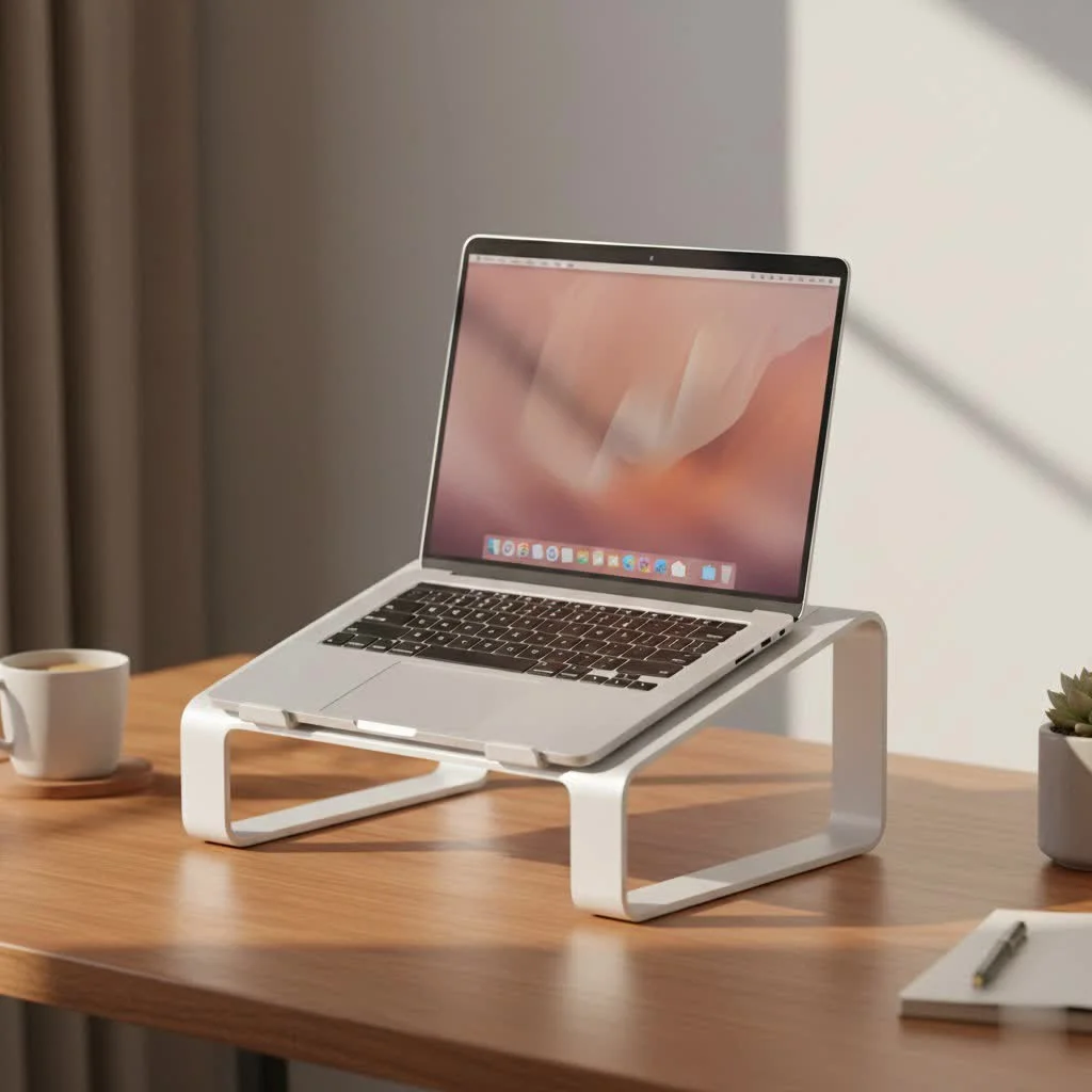 Laptop on a properly sized stand, illustrating good ergonomics