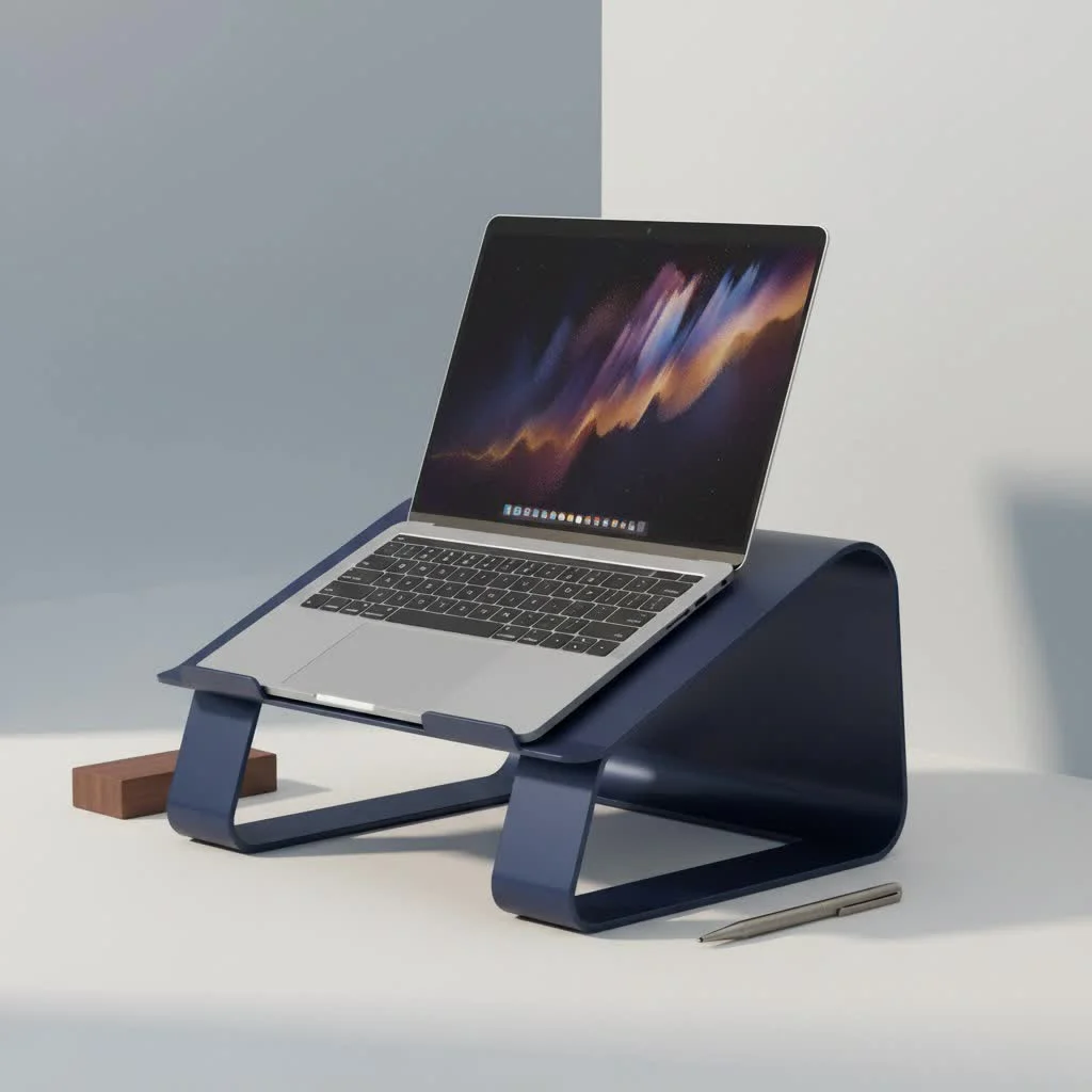 Ergonomic laptop stand elevating a laptop on a desk