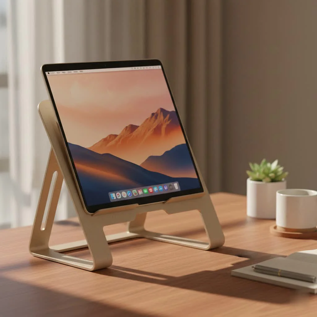Laptop on an adjustable stand with external keyboard and mouse