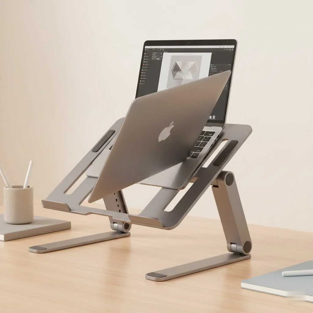 Laptop on a lap stand with a mouse and phone