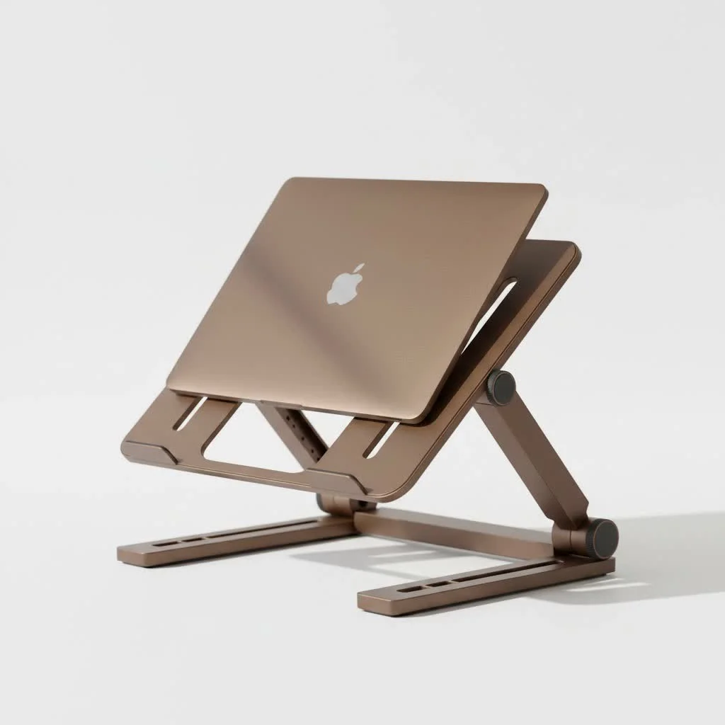 Person working at a standing desk with a laptop