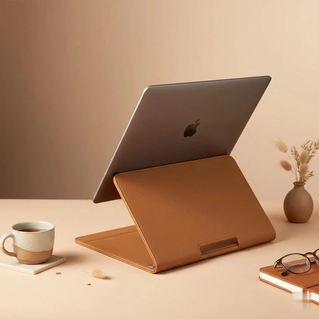Adjustable laptop stand elevating a laptop on a desk