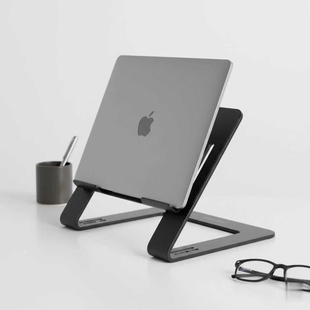 Foldable laptop stand elevating a laptop for ergonomic use
