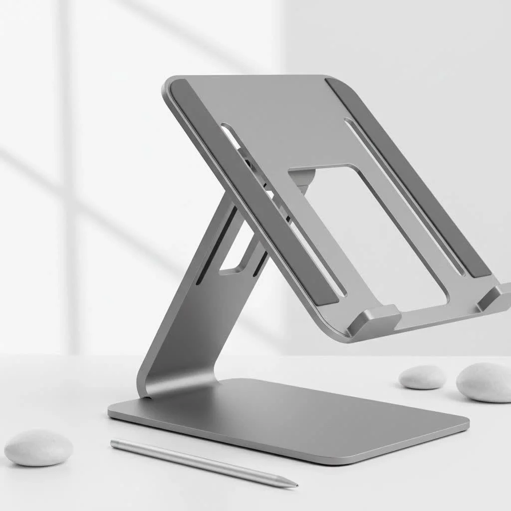 Adjustable laptop stand elevating a laptop for ergonomic use