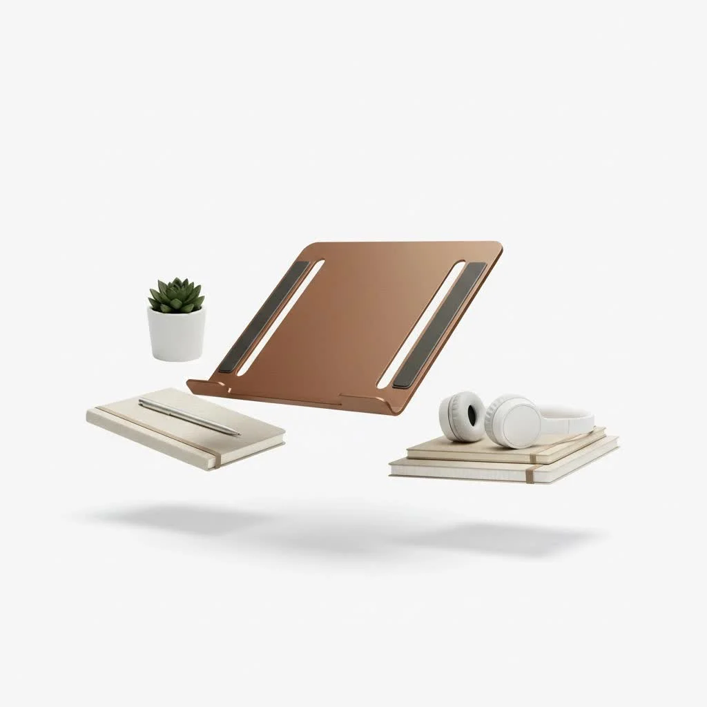 Laptop dock stand with external monitor and keyboard setup