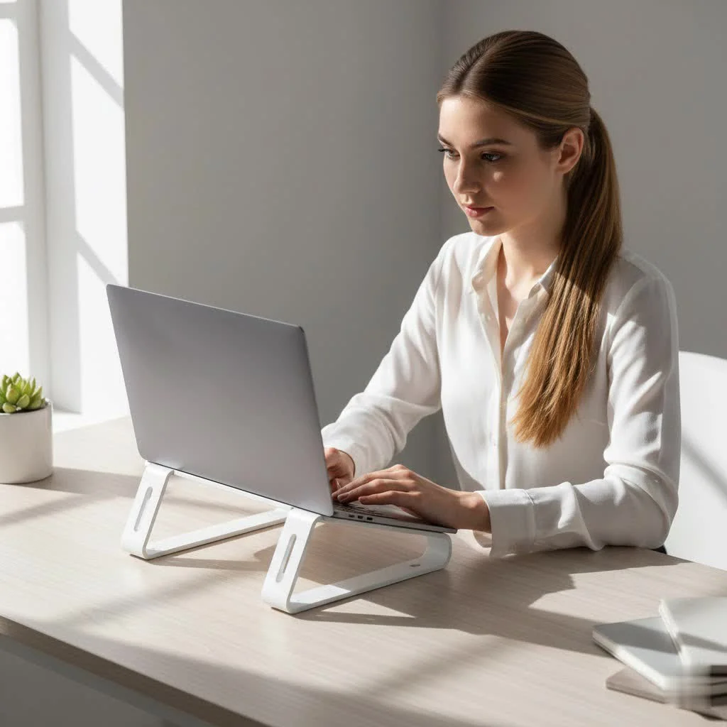 Rolling laptop stand with a laptop and mouse on a wooden floor