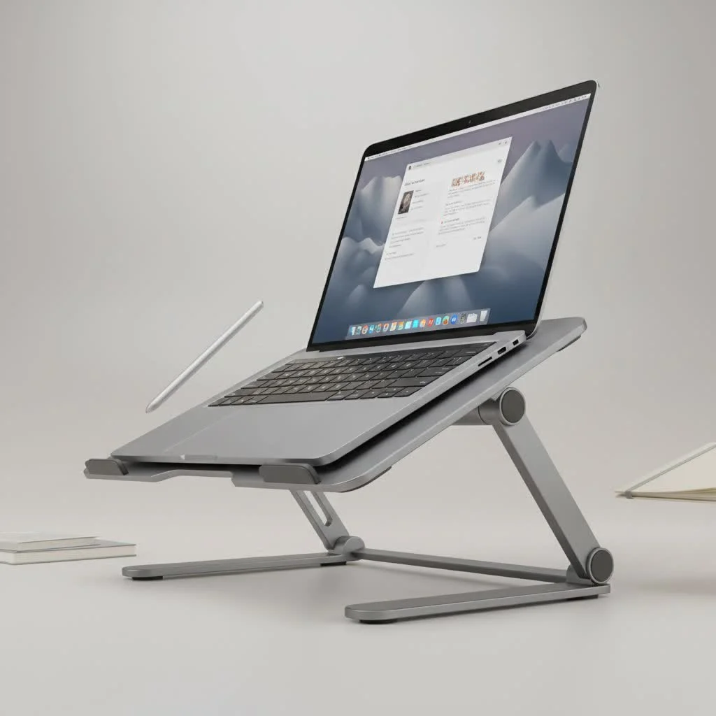 A sleek, minimalist 3D printed laptop stand elevating a silver laptop.