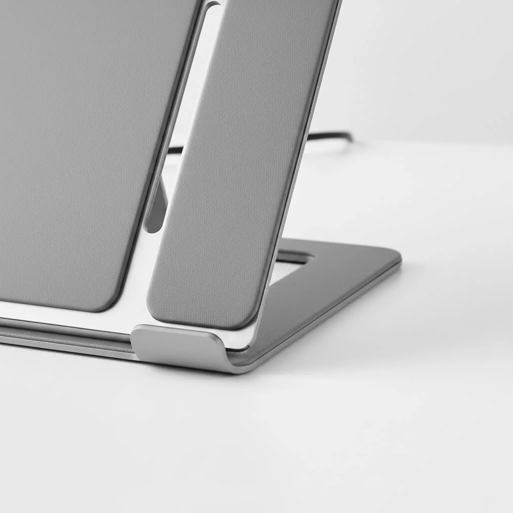 Laptop in a side stand next to a monitor