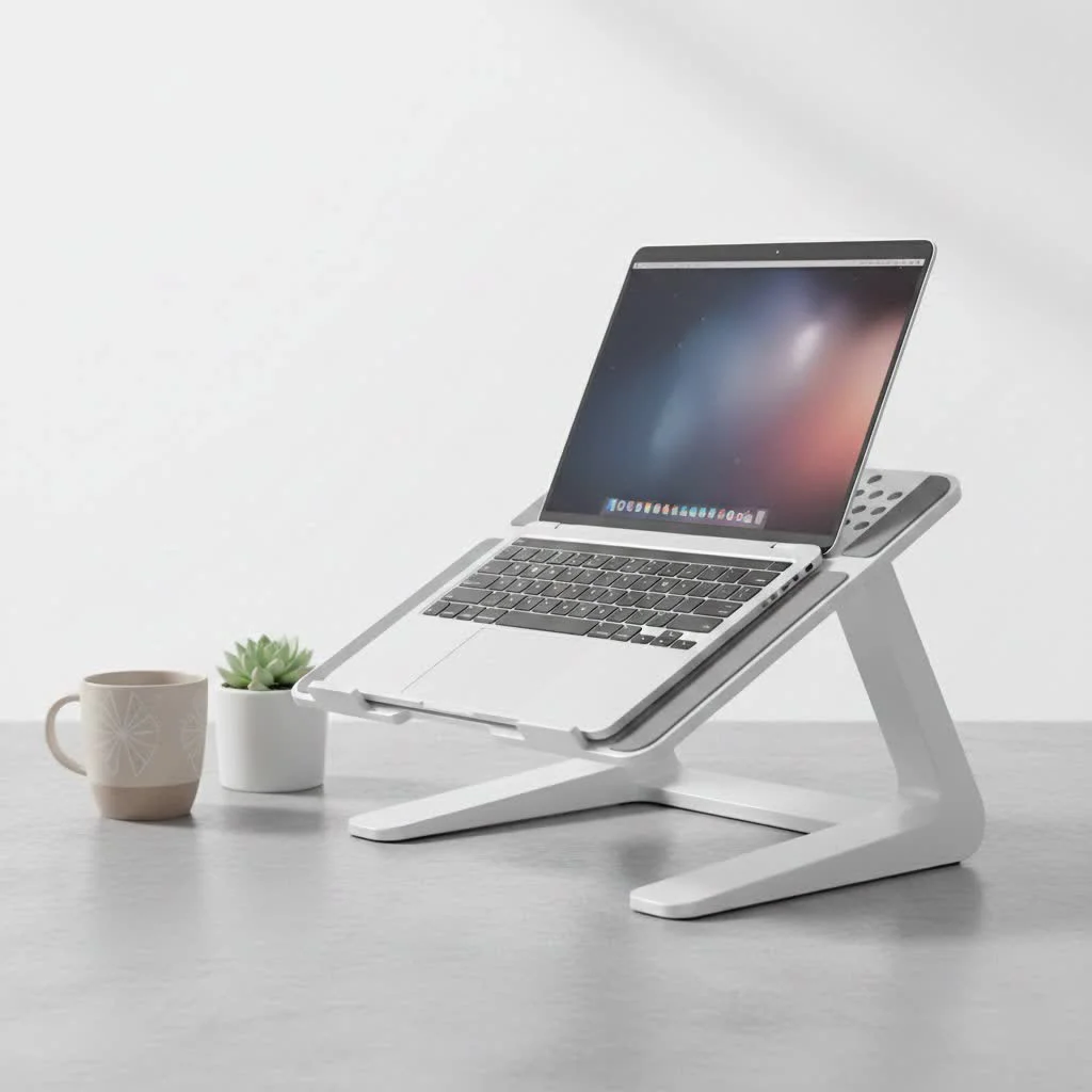 Lightweight aluminum portable laptop stand with a laptop on it