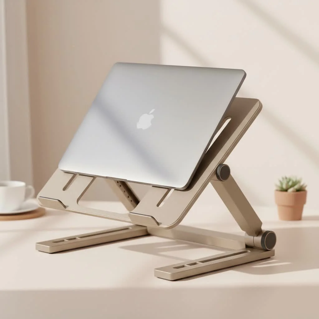 Person using a laptop on a stand with an external keyboard and mouse