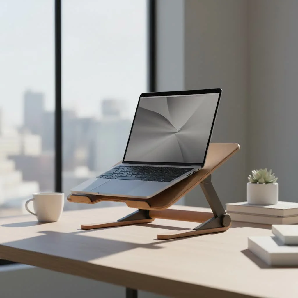 Laptop on a riser stand with external keyboard and mouse